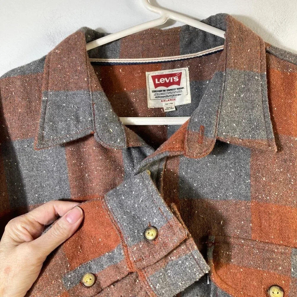 Mens Levis Wool Blend Plaid Buffalo Check Heavy‎ Shirt Shacket Orange Gray 2XL - Picture 3 of 9